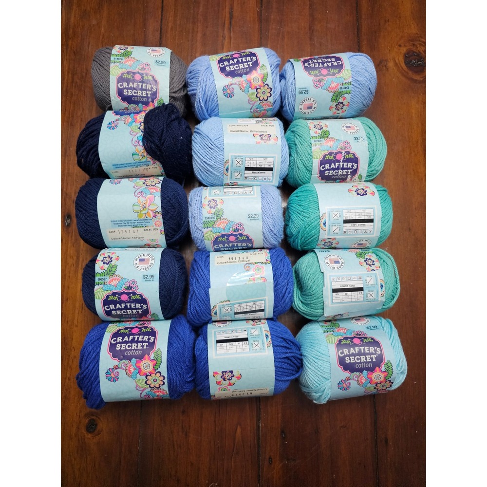 Crafter's Secret Cotton Yarn Lot of 15 Skeins Blue Navy Teal Grey 100% Cotton